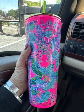 Lilly Pulitzer Hot Pink Floral Tumbler with Lime Straw